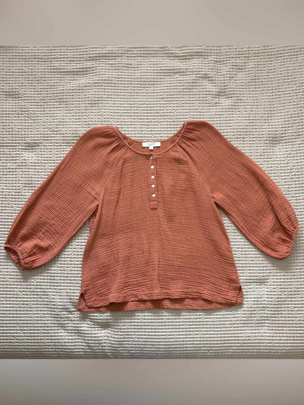 LOFT Rust Orange Button-Front Textured Henley Blouse